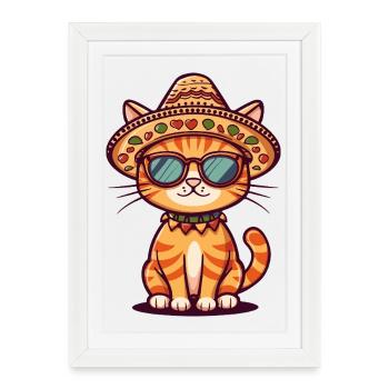 Sombrero comique drôle de chat - Affiche encadrée (27 × 37 cm) - blanc - Devant