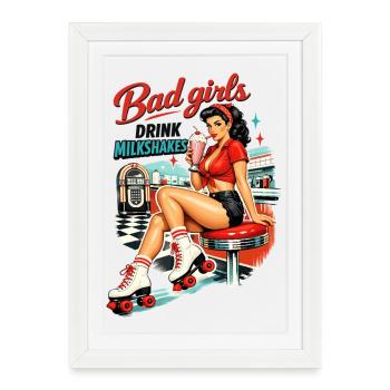 Bad Girls boivent des milkshakes – Pin-up de diner des années 50 - Affiche encadrée (27 × 37 cm) - blanc - Devant