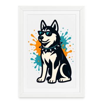 Siberian Husky in spray graffiti with sunglasses - Framed poster (27 × 37 cm) - white - Front
