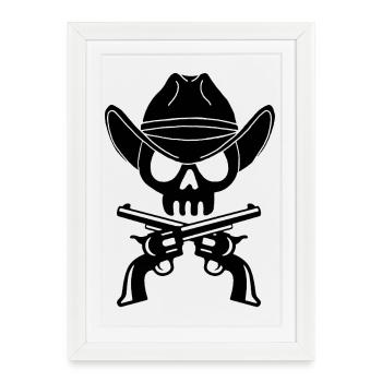 Crâne de cowboy et pistolets croisés (noir) - Affiche encadrée (27 × 37 cm) - blanc - Devant