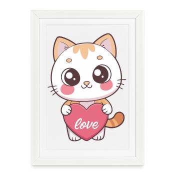 Chat kawaii cœur Love - Affiche encadrée (27 × 37 cm) - blanc - Devant