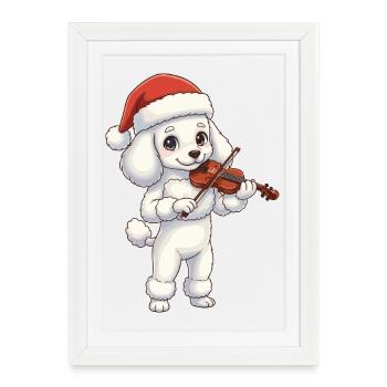 Caniche de Noël jouant du violon - Affiche encadrée (27 × 37 cm) - blanc - Devant