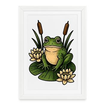 Grenouille verte sur nénuphar - Affiche encadrée (27 × 37 cm) - blanc - Devant