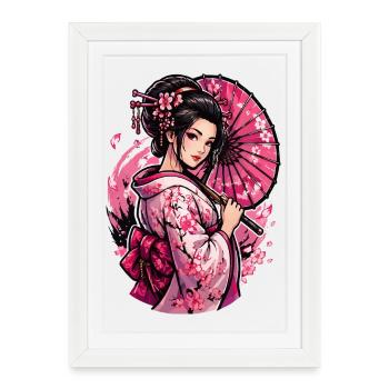 Kimono Geisha à la Fleur de cerisier - Affiche encadrée (27 × 37 cm) - blanc - Devant