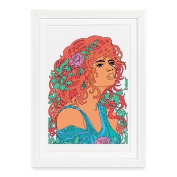 Nymphe Rouge Portrait floral pop psychédélique  - Affiche encadrée (27 × 37 cm) - blanc - Devant