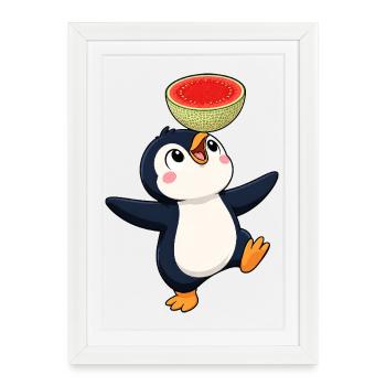 Dessin animé Pingouin mignon Melon Équilibre l’été - Affiche encadrée (27 × 37 cm) - blanc - Devant
