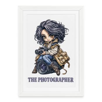 Photographe Chibi mignon sur objectif d’appareil photo - Affiche encadrée (27 × 37 cm) - blanc - Devant
