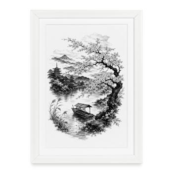 La nature japonaise avec cerisier et mont Fuji - Affiche encadrée (27 × 37 cm) - blanc - Devant