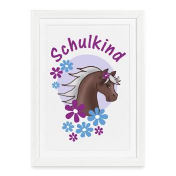 Schoolchild - Pony with Flowers - Purple Blue - Framed poster (27 × 37 cm) - white - Front