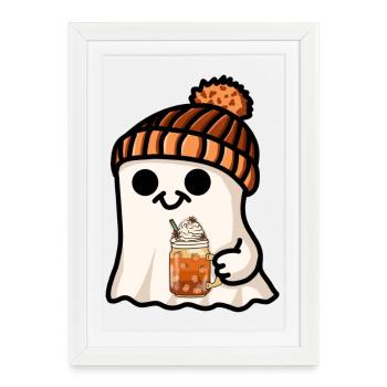 Halloween Ghost Hat Pumpkin Tea Coffee Fall Cute - Framed poster (27 × 37 cm) - white - Front
