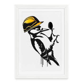 Woodpecker with Construction Helmet – Humorous Stencil Design - Framed poster (27 × 37 cm) - white - Front