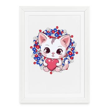 Chat Chats Fête des Mères Coeur Coeurs Chaton Fleurs - Affiche encadrée (27 × 37 cm) - blanc - Devant
