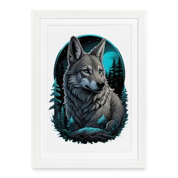 Loup mystique à la pleine lune - Affiche encadrée (27 × 37 cm) - blanc - Devant