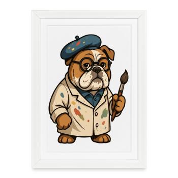 Dessin animé créatif Artiste bouledogue au pinceau - Affiche encadrée (27 × 37 cm) - blanc - Devant