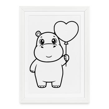 Süßes Nilpferd Herz Ballon Outline - Gerahmtes Poster (27 × 37 cm) - Weiß - Vorne