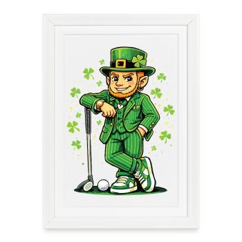 Leprechaun jouant au golf à St Pats - Affiche encadrée (27 × 37 cm) - blanc - Devant