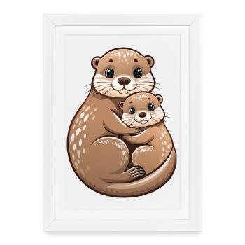Mère loutre avec un petit - Affiche encadrée (27 × 37 cm) - blanc - Devant