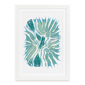 Floraison tropicale abstraite en sarcelle - Affiche encadrée (27 × 37 cm) - blanc - Devant