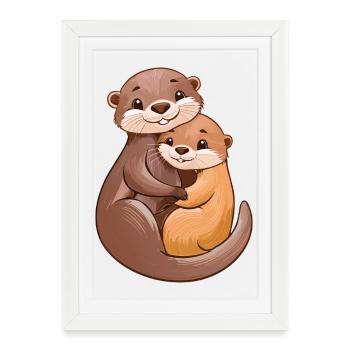 Deux loutres mignonnes se câlinent - Affiche encadrée (27 × 37 cm) - blanc - Devant