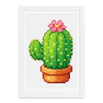 Cactus pixel avec fleur - Affiche encadrée (27 × 37 cm) - blanc - Devant