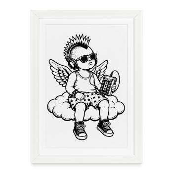 Punk Cherub avec Walkman sur le nuage - Affiche encadrée (27 × 37 cm) - blanc - Devant