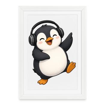 Mignon manchot dansant avec des écouteurs DJ de fête kawaii - Affiche encadrée (27 × 37 cm) - blanc - Devant