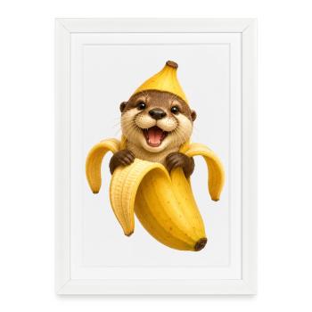 Loutre dans banane, motif drôle d’animal avec motif fruité - Affiche encadrée (27 × 37 cm) - blanc - Devant