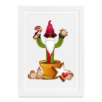 drôle de cactus gnome pour Noël - Affiche encadrée (27 × 37 cm) - blanc - Devant