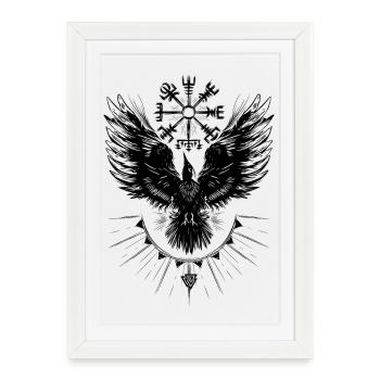 Corbeau Viking Vegvisir Valknut - Affiche encadrée (27 × 37 cm) - blanc - Devant