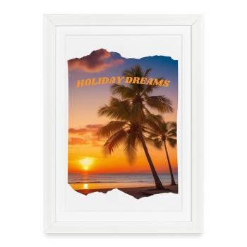 Holiday Dreams - Plage avec coucher de soleil - Affiche encadrée (27 × 37 cm) - blanc - Devant