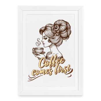 Le café vient en premier – Femme rétro Clipart - Affiche encadrée (27 × 37 cm) - blanc - Devant