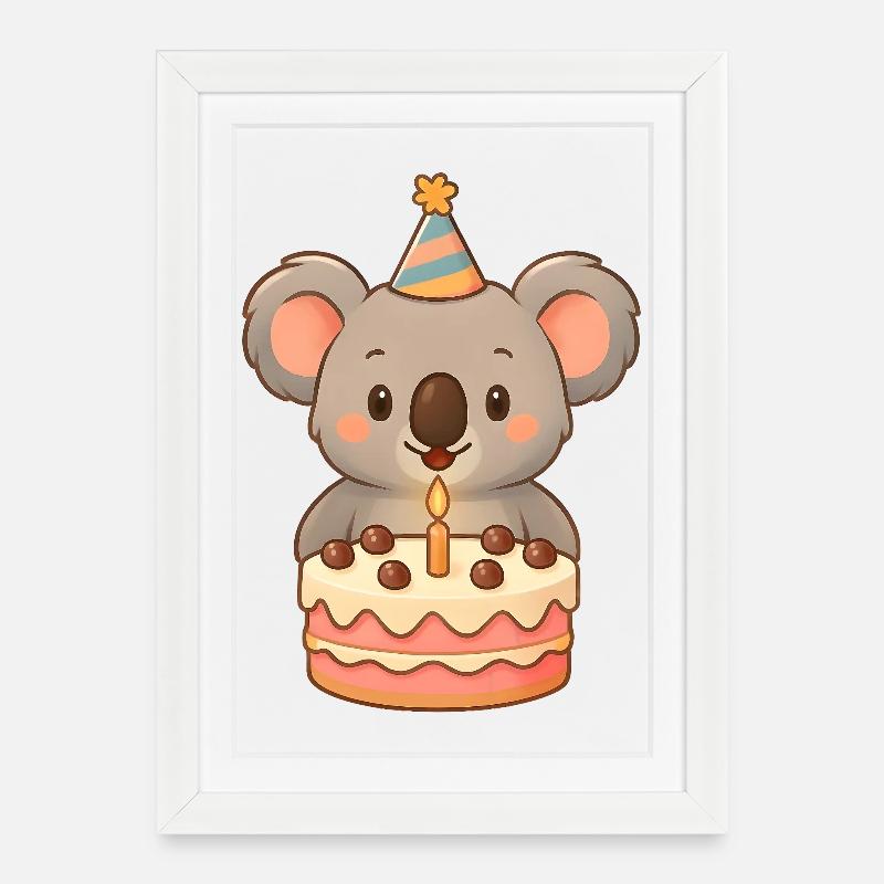 Petit koala avec gâteau d’anniversaire - Affiche encadrée (27 × 37 cm) - blanc