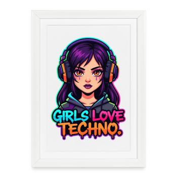 Techno Neon Mädchen - Gerahmtes Poster (27 × 37 cm) - Weiß - Vorne