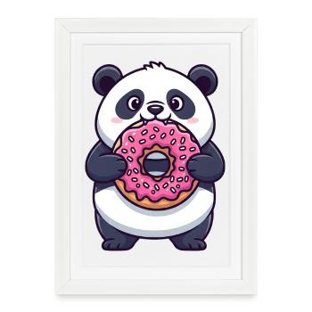Panda mignon avec beignet dessin animé dessert délicieux - Affiche encadrée (27 × 37 cm) - blanc - Devant