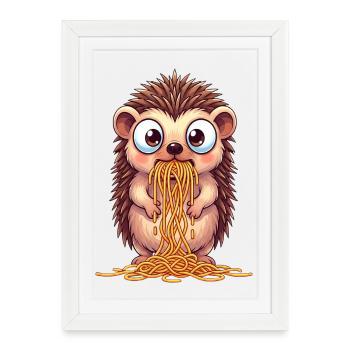Cute hedgehog with spaghetti clumsy cartoon - Framed poster (27 × 37 cm) - white - Front