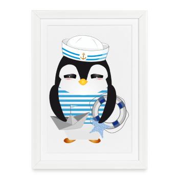 Pingouin mignon comme un marin dans un look marine - Affiche encadrée (27 × 37 cm) - blanc - Devant
