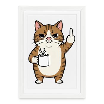 Annoyed cat with coffee and middle finger cartoon - Framed poster (27 × 37 cm) - white - Front