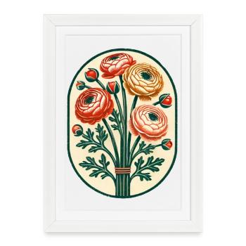 Emblème vintage de bouquet de ranoncelles - Affiche encadrée (27 × 37 cm) - blanc - Devant