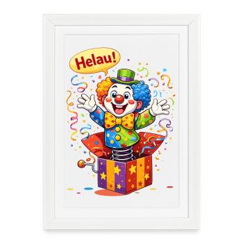Clown drôle dit HELAU – Motif de carnaval - Affiche encadrée (27 × 37 cm) - blanc - Devant