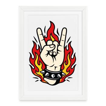 Main rock flammes style tattoo - Affiche encadrée (27 × 37 cm) - blanc - Devant