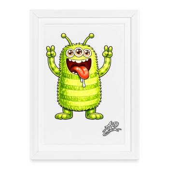 Monstre fluo trois yeux joyeux - Affiche encadrée (27 × 37 cm) - blanc - Devant