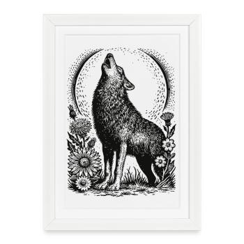 Loup hurlant dans un cadre circulaire floral - Affiche encadrée (27 × 37 cm) - blanc - Devant