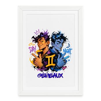 Gémeaux Homme – Cadeau Astrologie - Affiche encadrée (27 × 37 cm) - blanc - Devant