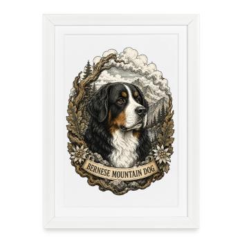 Style Bernese Mountain Dog Vintage avec un paysage montagneux - Affiche encadrée (27 × 37 cm) - blanc - Devant