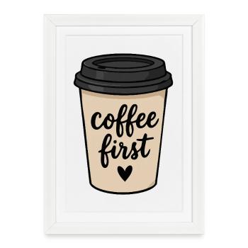 Petit autocollant mignon du premier gobelet à emporter pour le café - Affiche encadrée (27 × 37 cm) - blanc - Devant