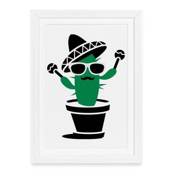 Un cactus avec un sombrero et maracas - Affiche encadrée (27 × 37 cm) - blanc - Devant