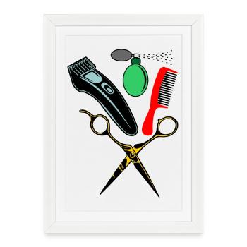 Peigne coloré, ciseaux, rasoir à l’odeur agréable - Affiche encadrée (27 × 37 cm) - blanc - Devant