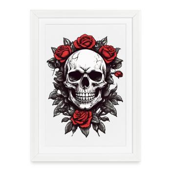 Crâne avec des roses rouges - Affiche encadrée (27 × 37 cm) - blanc - Devant