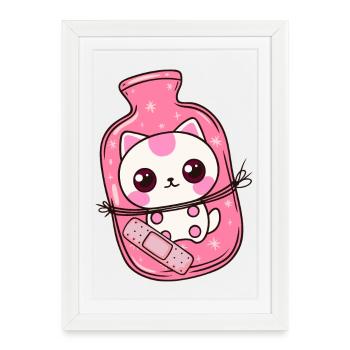 Chat Kawaii avec Bouillotte - Bon Rétablissement - Affiche encadrée (27 × 37 cm) - blanc - Devant