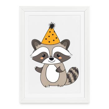 Raton laveur heureux avec chapeau de fête - Conception d’anniversaire amusante - Affiche encadrée (27 × 37 cm) - blanc - Devant